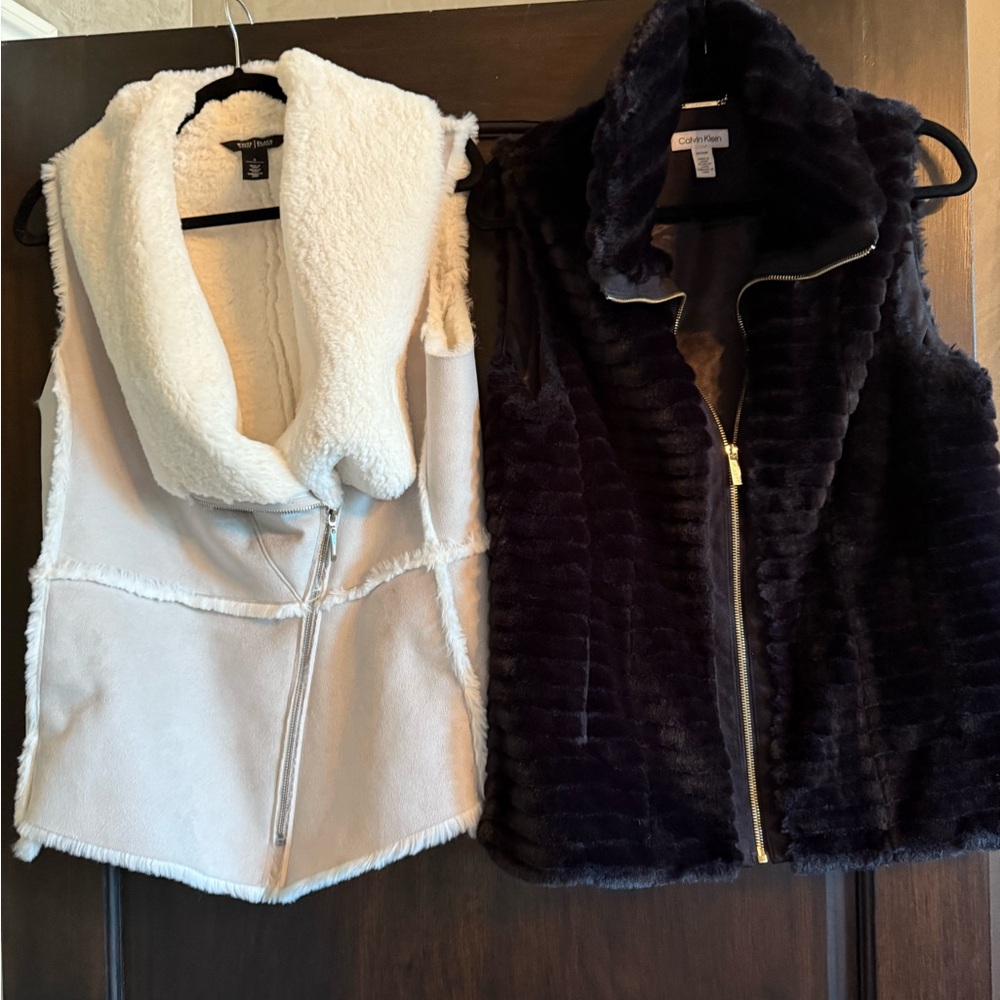 Women's Black and Cream Faux Fur Vests
